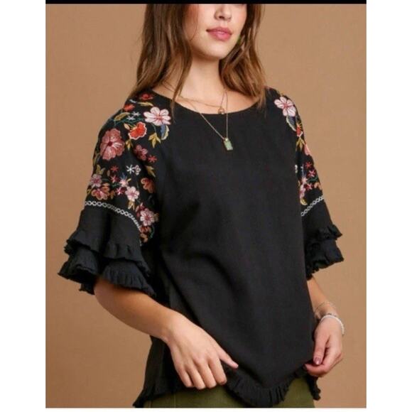 Embroidered Black Boho Blouse Women SZ Medium Bell Sleeves Cotton Blend Umgee - Picture 1 of 7